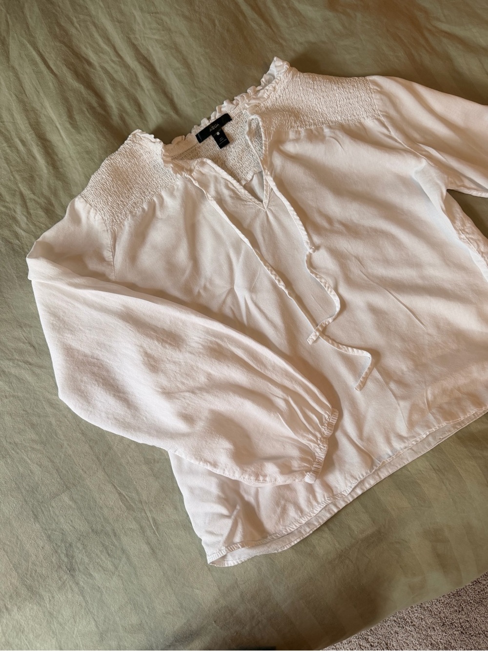 Aqua White Smocked Yoke Peasant Blouse